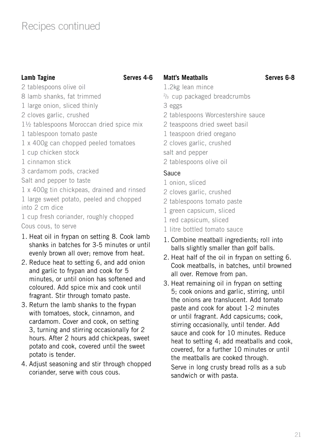 Sunbeam FP8910, FP8610 manual Lamb Tagine, Matt’s Meatballs 