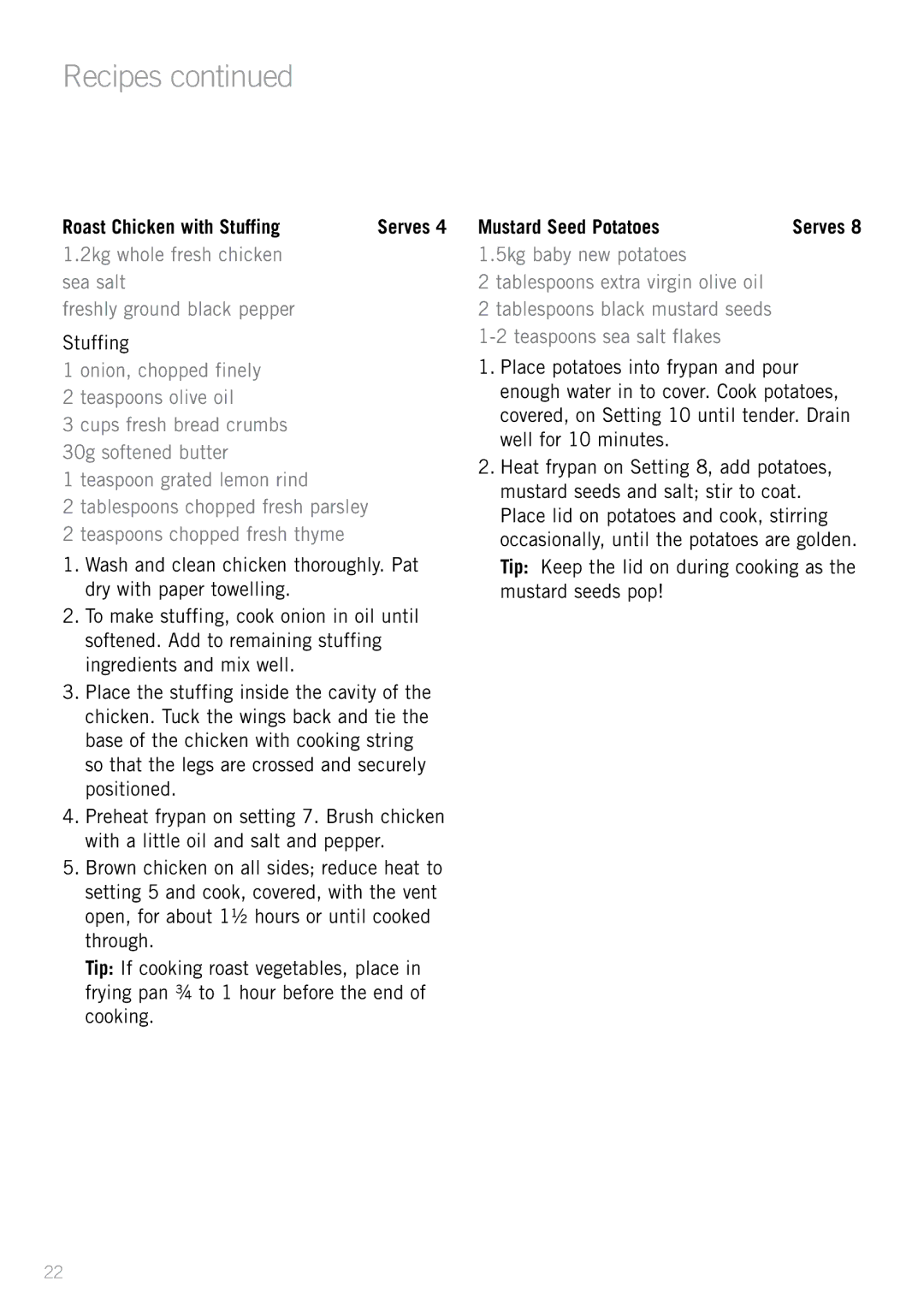 Sunbeam FP8610, FP8910 manual Roast Chicken with Stuffing, Mustard Seed Potatoes 