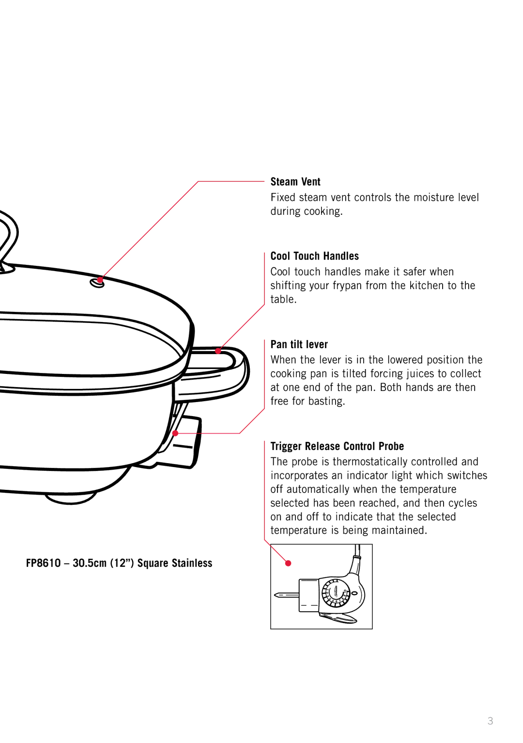 Sunbeam FP8910, FP8610 manual Steam Vent, Cool Touch Handles, Pan tilt lever, Trigger Release Control Probe 