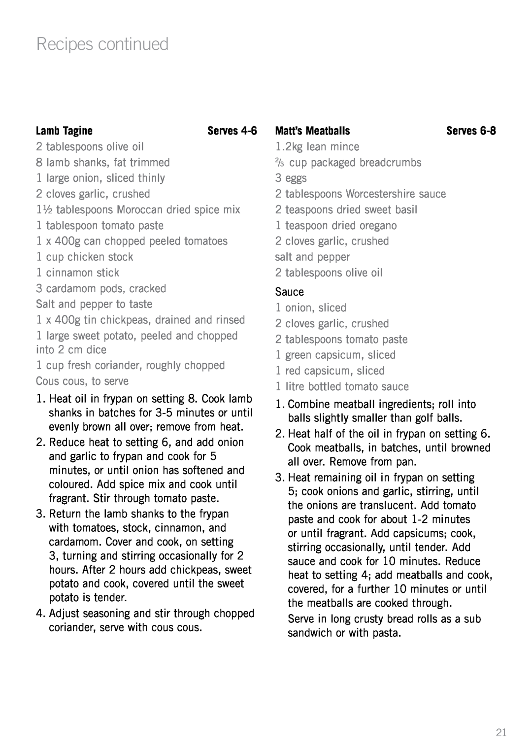 Sunbeam FP8910, FP8610 manual Lamb Tagine, Matt’s Meatballs, Recipes continued 