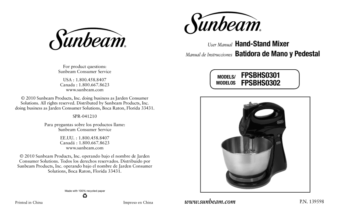 Sunbeam user manual MODELS/ FPSBHS0301 Modelos FPSBHS0302 