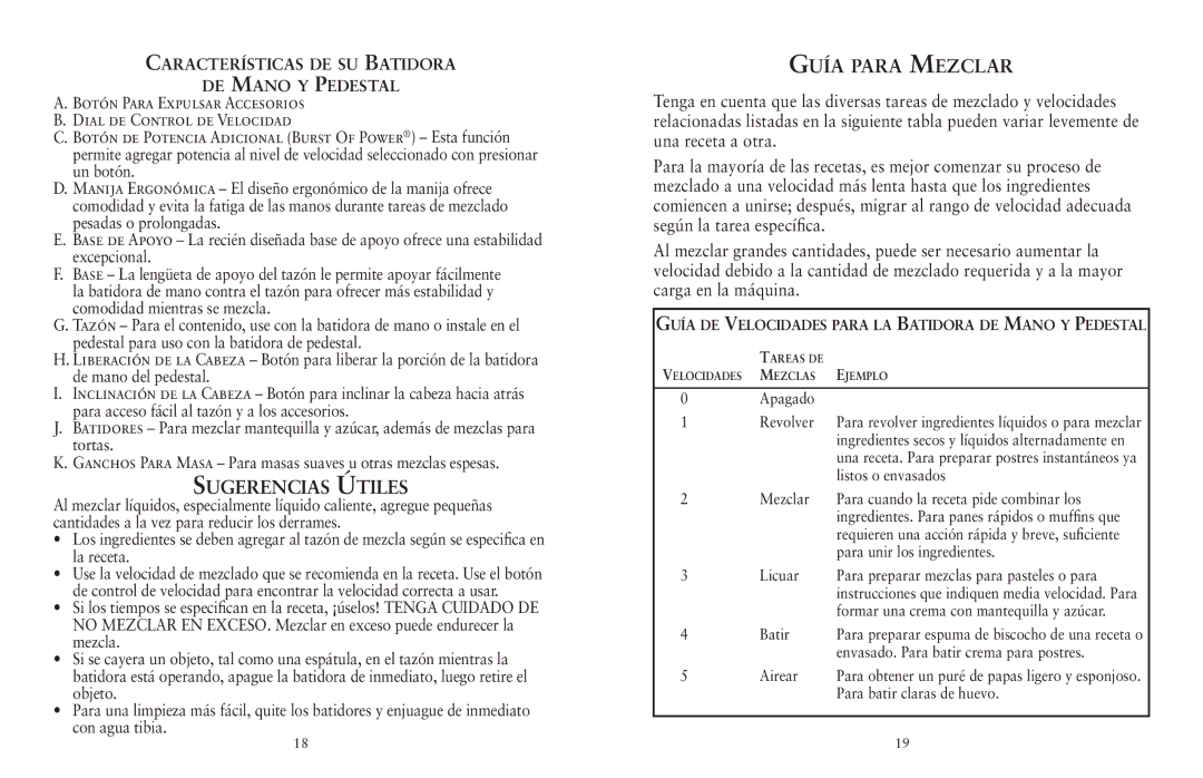 Sunbeam FPSBHS0301 user manual Sugerencias Útiles, Guía para Mezclar, Características de su Batidora De Mano y Pedestal 