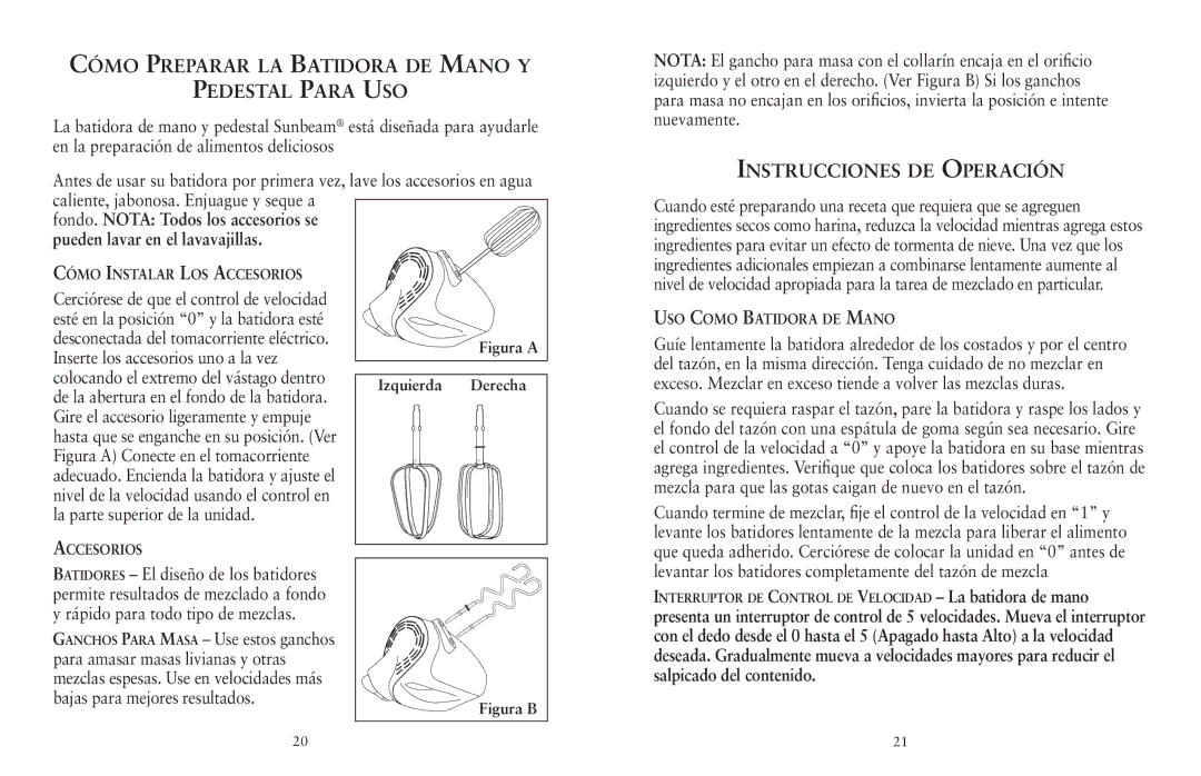 Sunbeam FPSBHS0301 Cómo Preparar la Batidora de Mano y Pedestal Para Uso, Instrucciones de Operación, Izquierda Derecha 