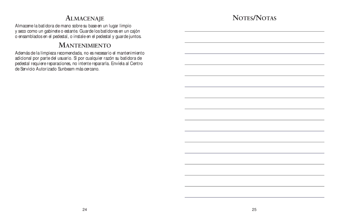 Sunbeam FPSBHS0301 user manual Almacenaje, Mantenimiento 