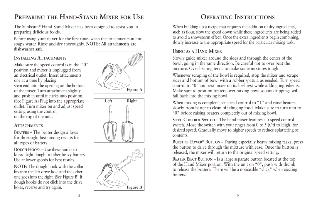 Sunbeam FPSBHS0301 user manual Preparing the Hand-Stand Mixer for Use, Operating Instructions 