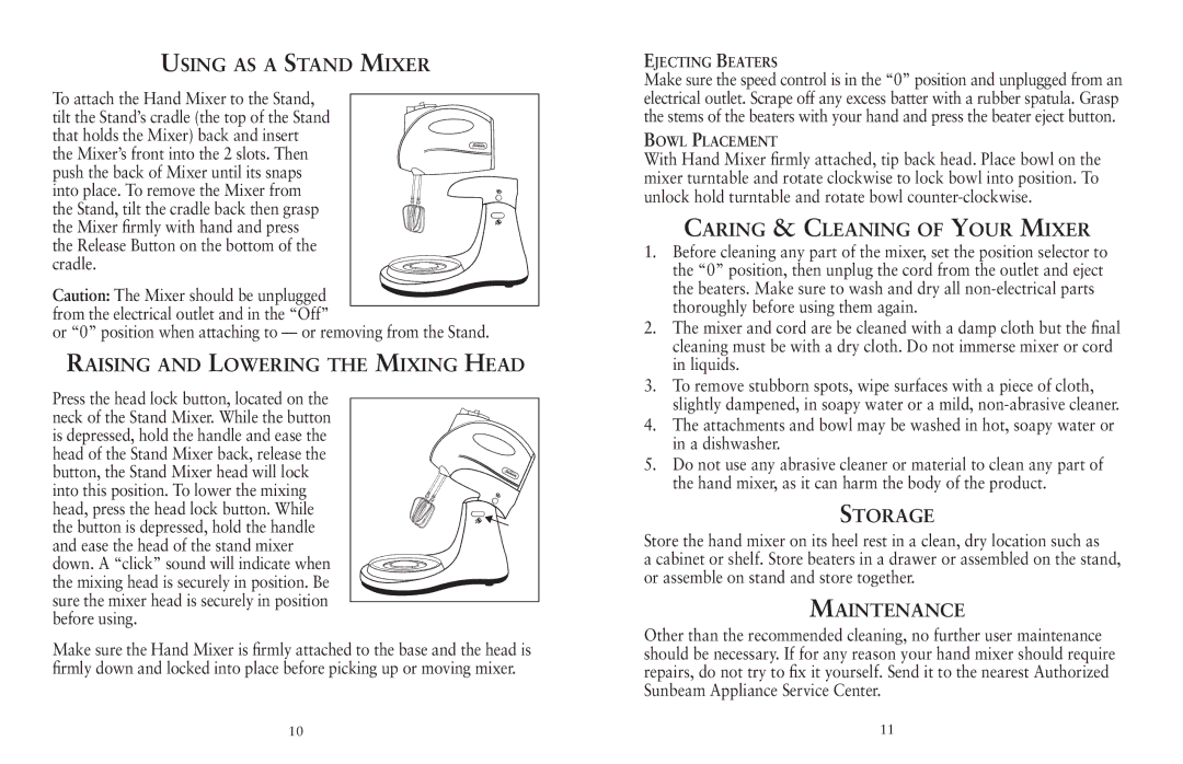 Sunbeam FPSBHS0301 Using as a Stand Mixer, Raising and Lowering the Mixing Head, Caring & Cleaning of Your Mixer, Storage 