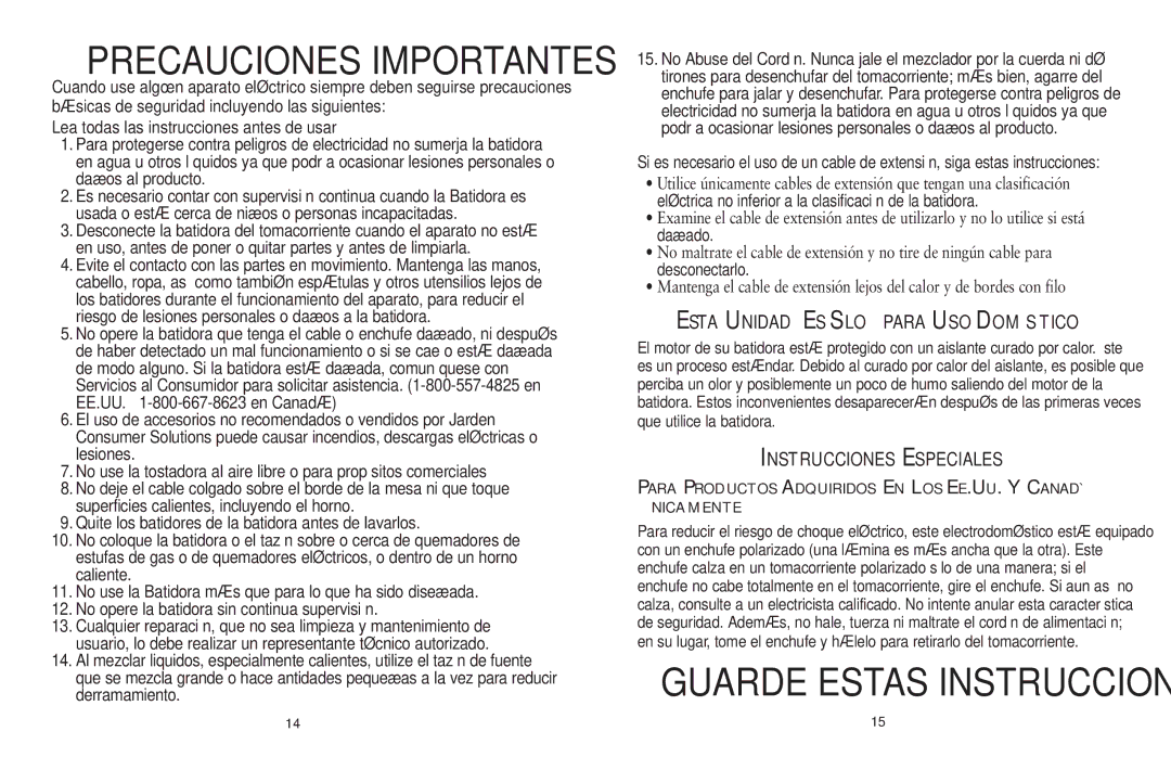 Sunbeam FPSBHS0301 user manual Esta Unidad Es Sólo para Uso Doméstico, Instrucciones Especiales 