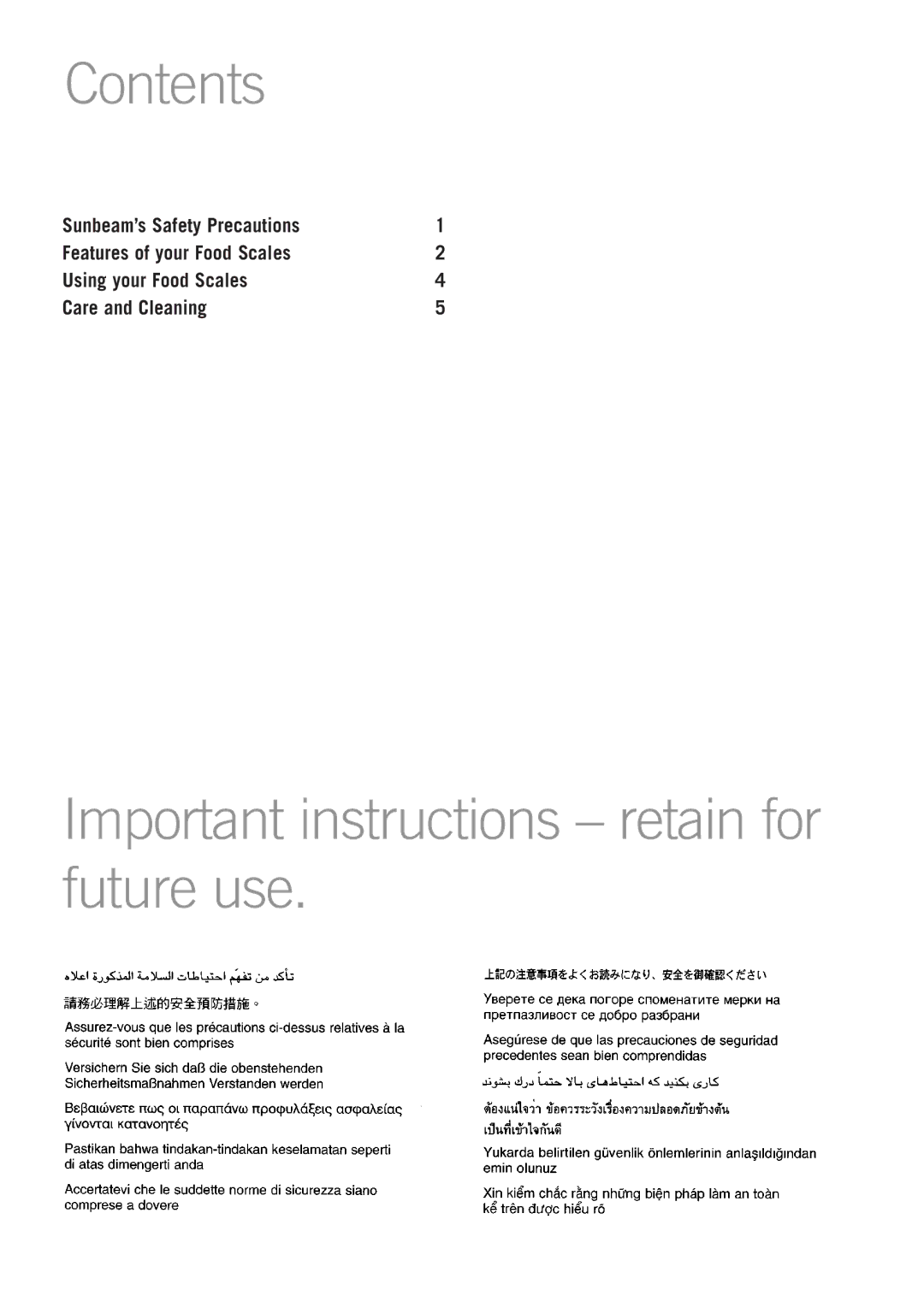 Sunbeam FS7500 manual Contents, Important instructions retain for future use 