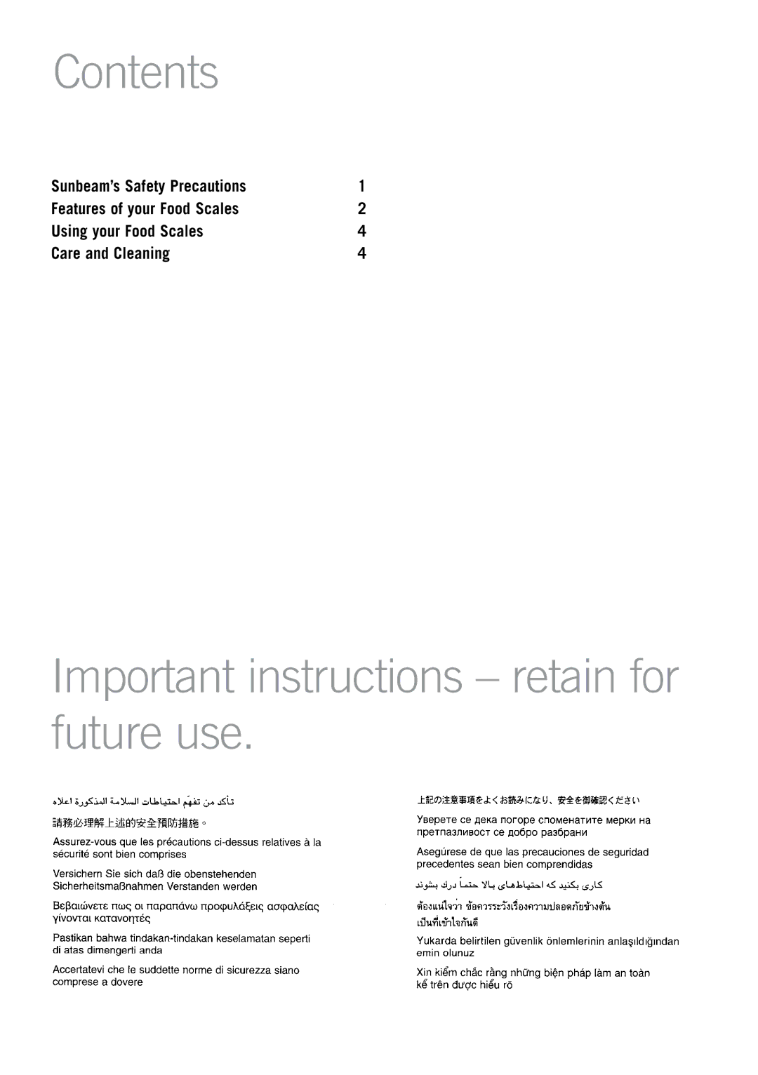 Sunbeam FS7600 manual Contents, Important instructions retain for future use 