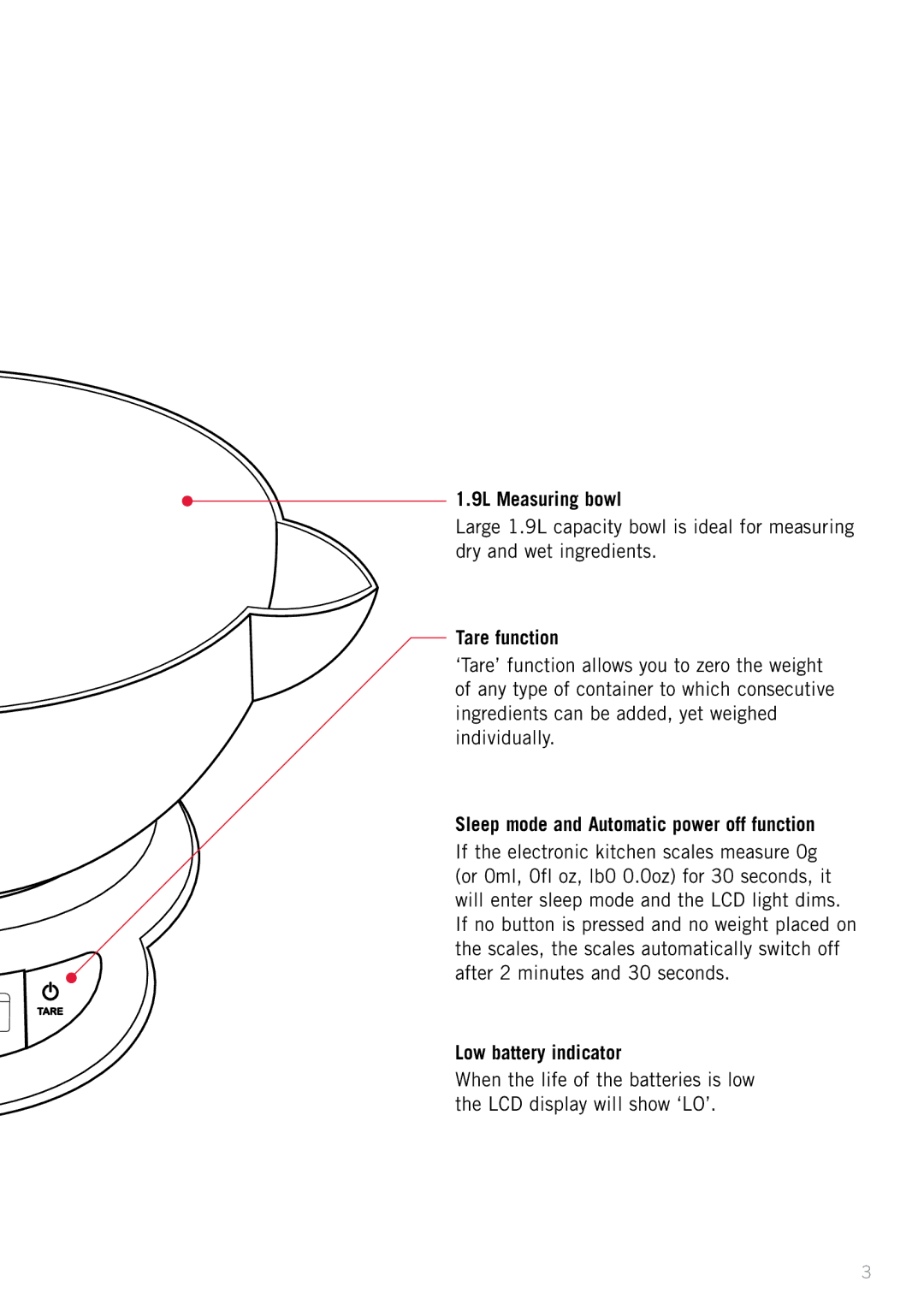 Sunbeam FS7600 manual 9L Measuring bowl, Tare function, Sleep mode and Automatic power off function, Low battery indicator 