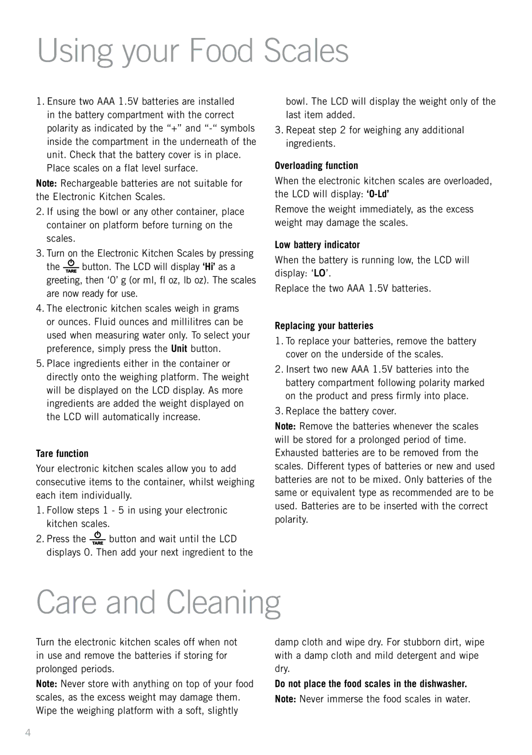 Sunbeam FS7600 manual Using your Food Scales, Care and Cleaning 