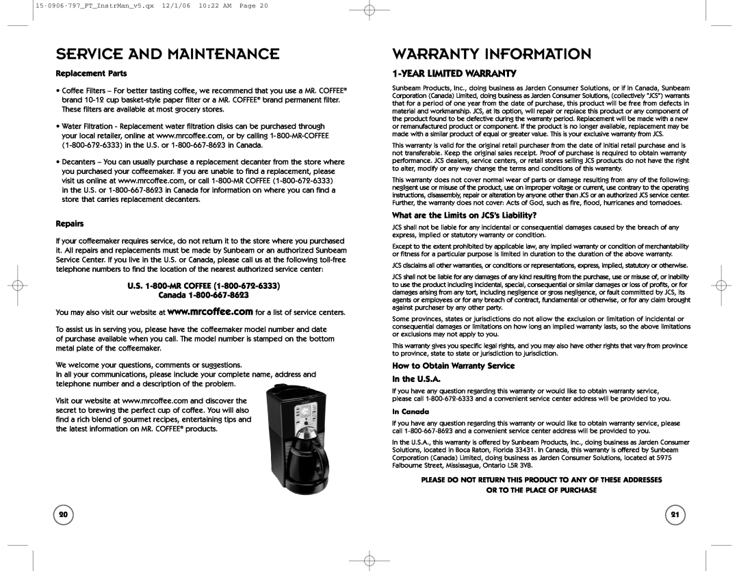 Sunbeam FT user manual Service And Maintenance, Warranty Information, Yearlimited Warranty, Replacement Parts, Repairs 