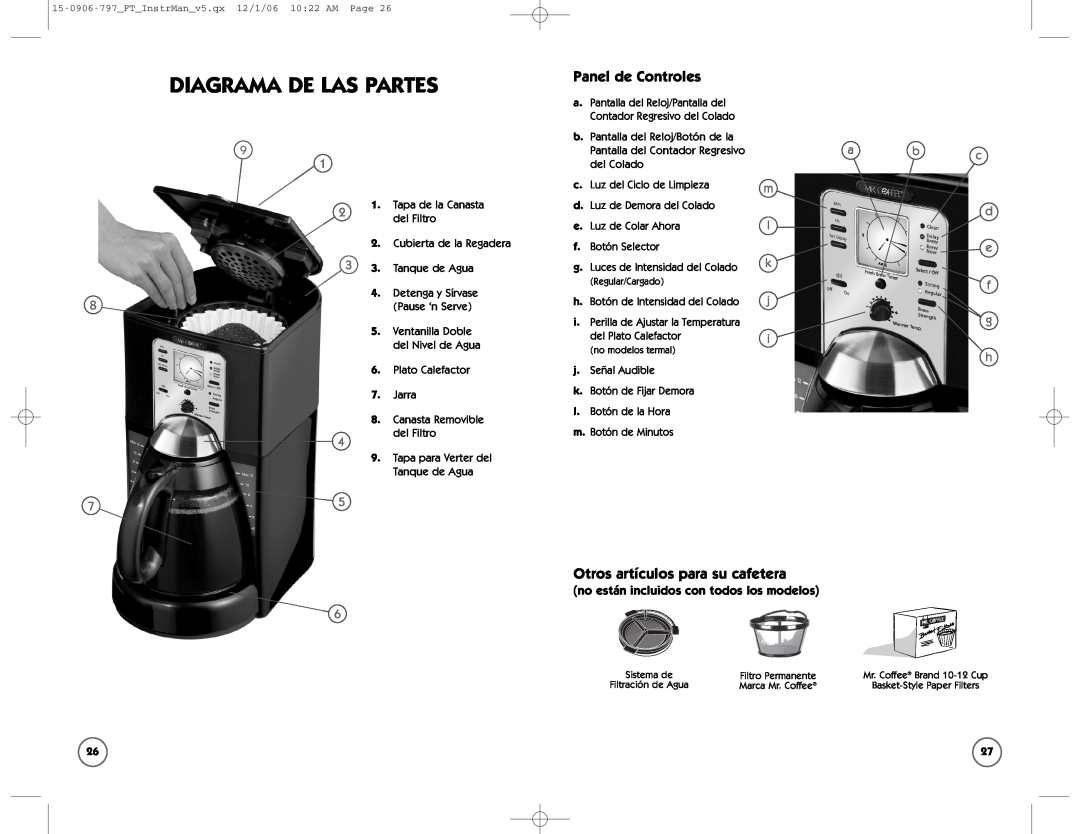 Sunbeam FT user manual Diagrama De Las Partes, Panel de Controles, Otros artículos para su cafetera, m d l e k f j g i h 