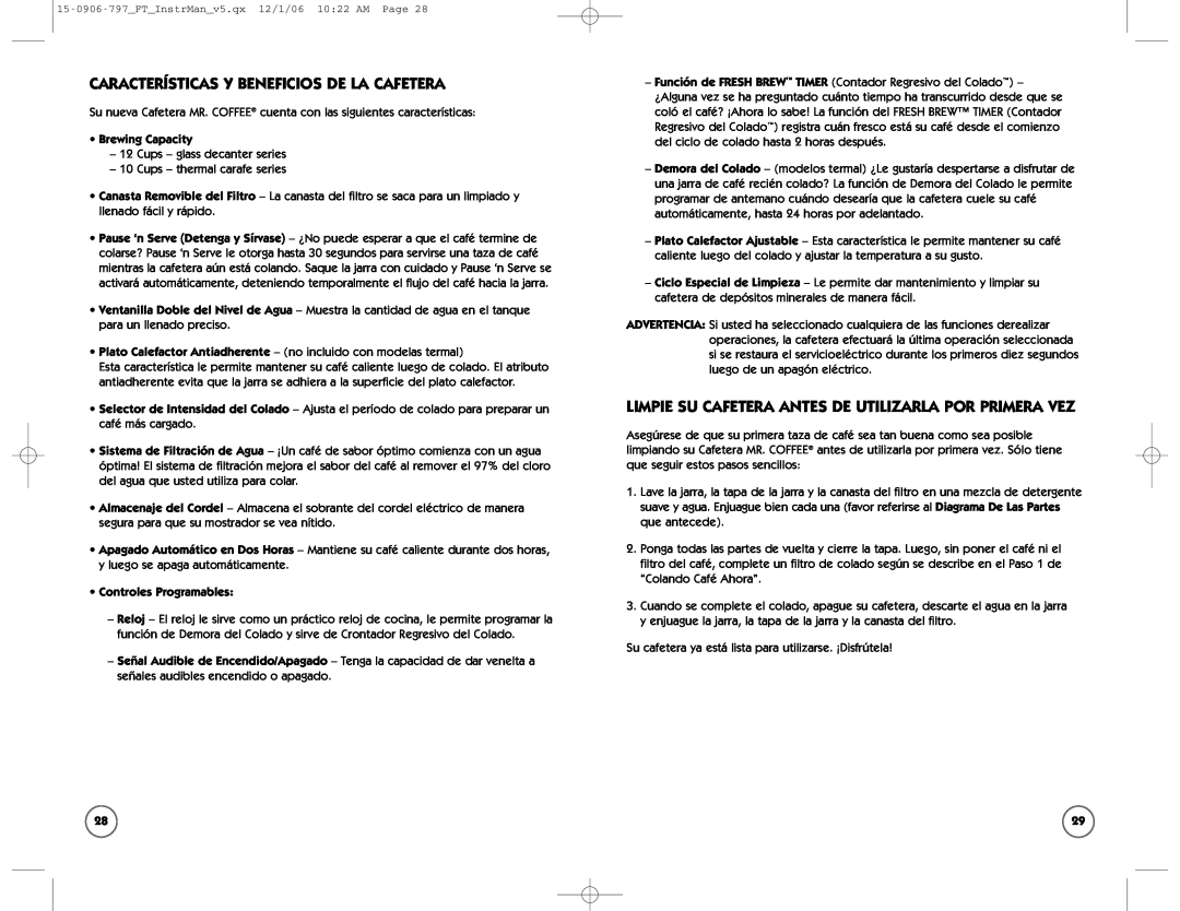 Sunbeam FT user manual Características Y Beneficios De La Cafetera, Brewing Capacity, Controles Programables 