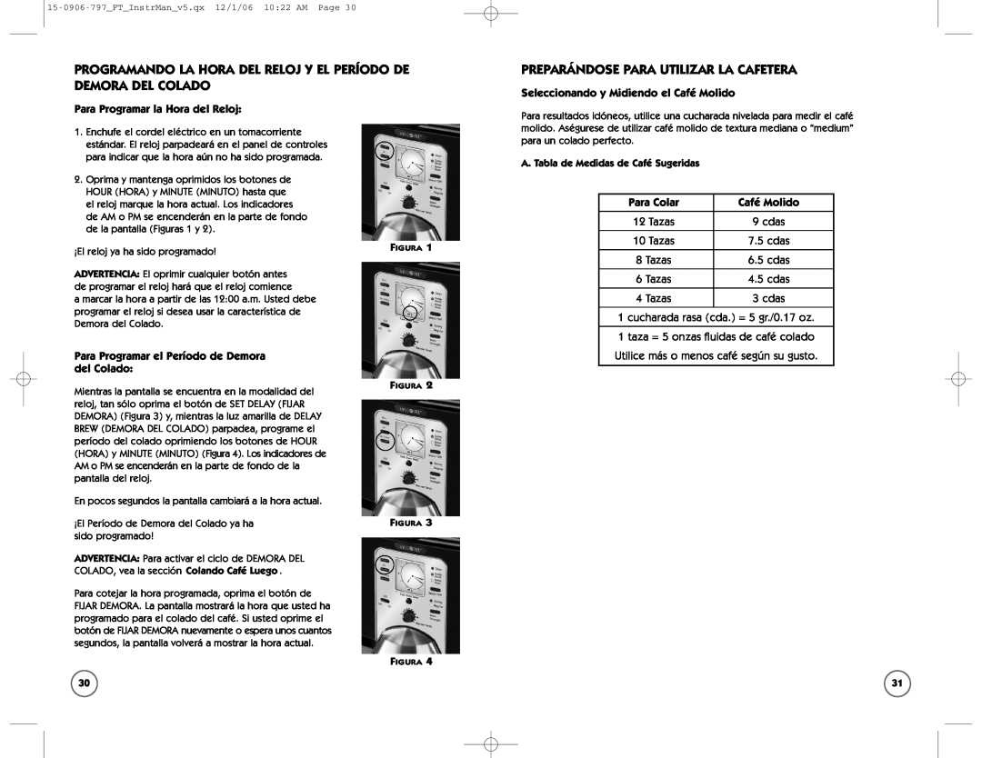 Sunbeam FT user manual Preparándose Para Utilizar La Cafetera, Para Programar la Hora del Reloj, Para Colar, Café Molido 