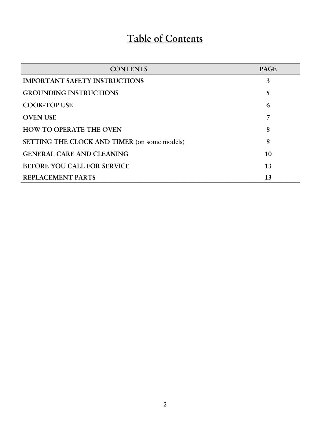 Sunbeam Gas Ranges user manual Table of Contents 