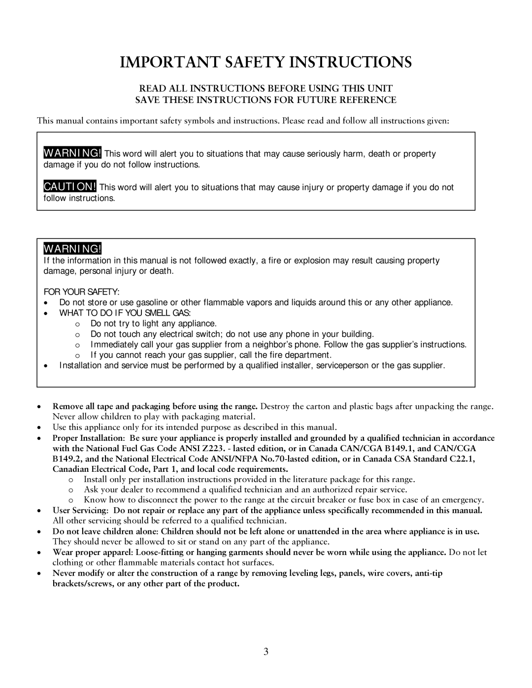 Sunbeam Gas Ranges user manual Important Safety Instructions, For Your Safety 