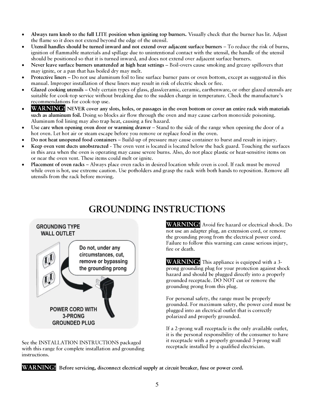 Sunbeam Gas Ranges user manual Grounding Instructions 