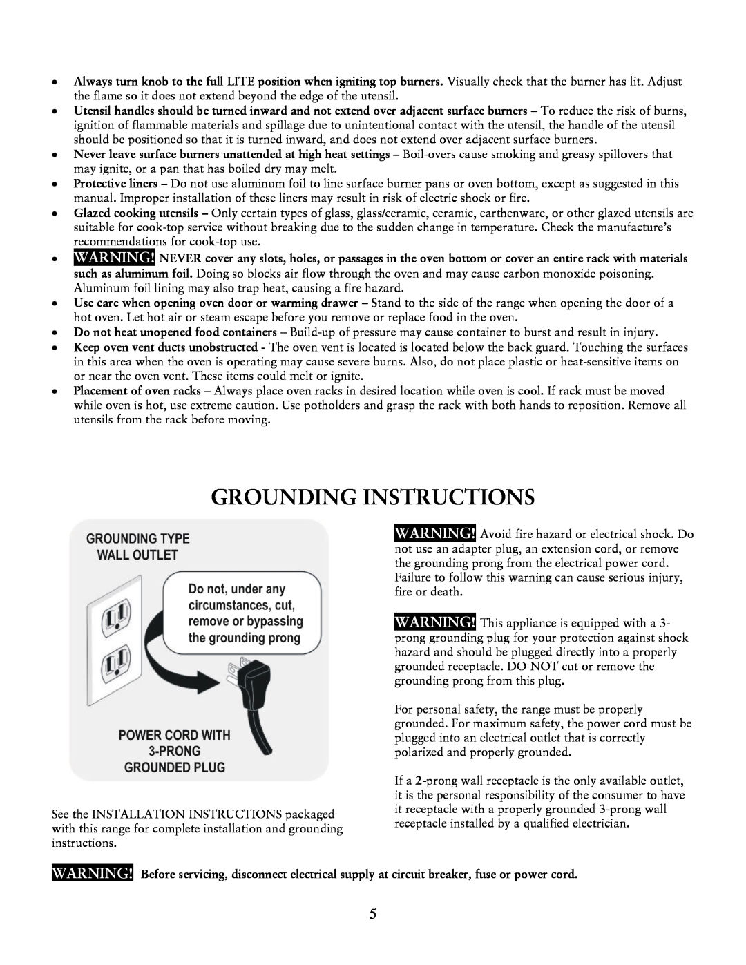 Sunbeam Gas Ranges user manual Grounding Instructions 