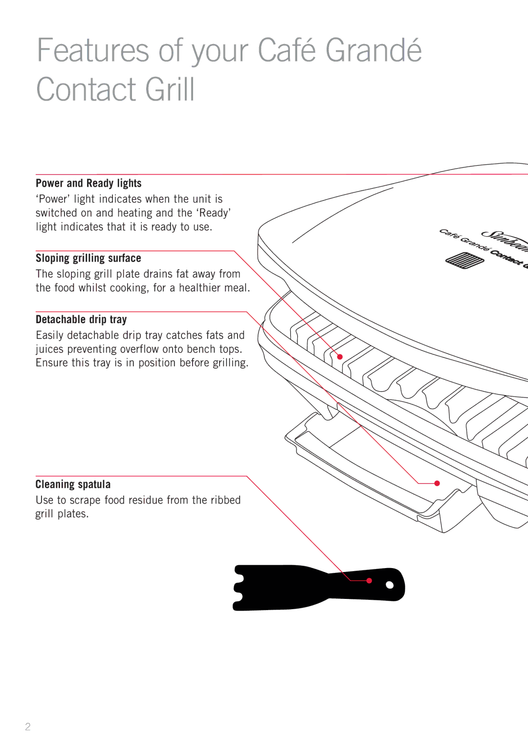 Sunbeam GC2400 manual Features of your Café Grandé Contact Grill, Power and Ready lights, Sloping grilling surface 