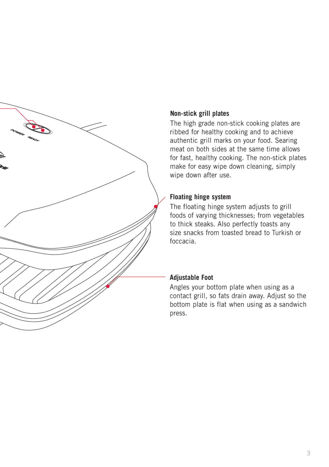 Sunbeam GC2400 manual Non-stick grill plates, Floating hinge system, Adjustable Foot 