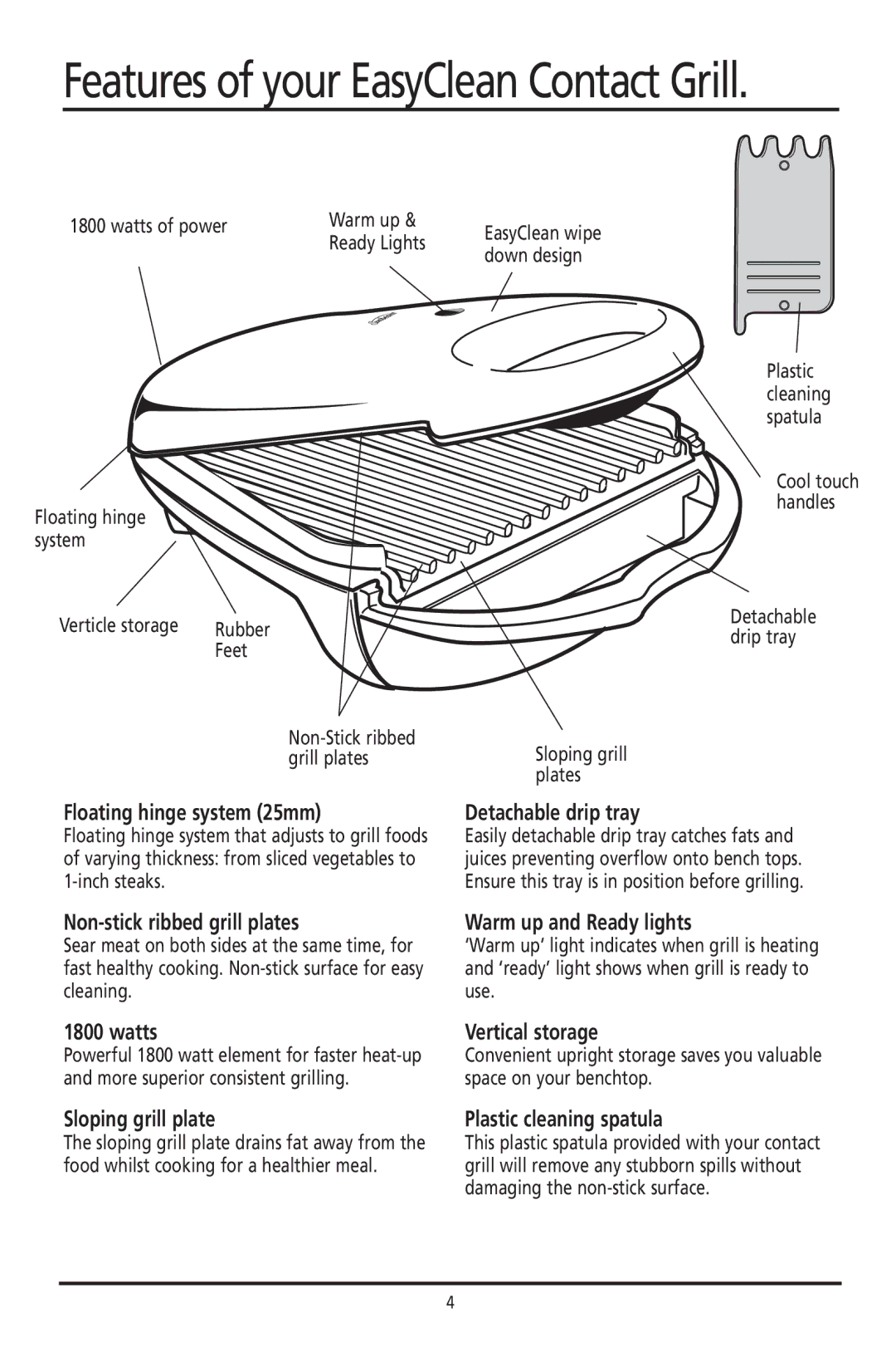 Sunbeam GC2600 Floating hinge system 25mm, Detachable drip tray, Non-stick ribbed grill plates, Warm up and Ready lights 