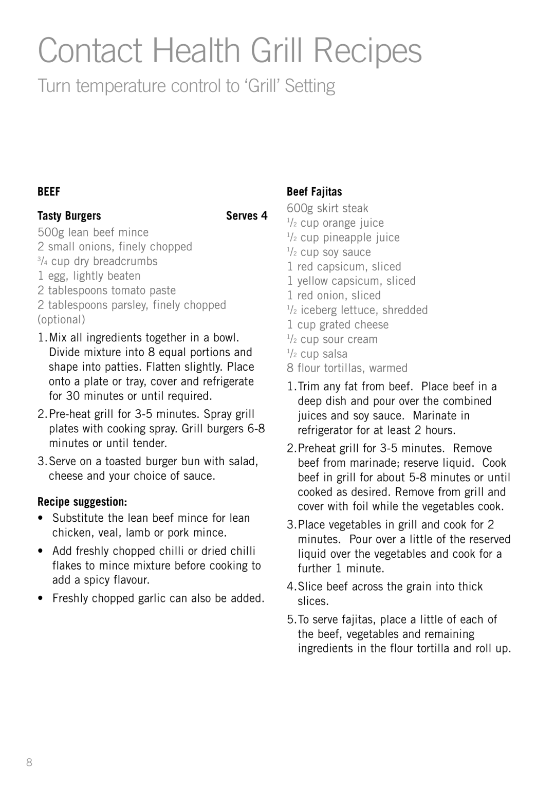 Sunbeam GC4600 manual Contact Health Grill Recipes, Turn temperature control to ‘Grill’ Setting, Beef 