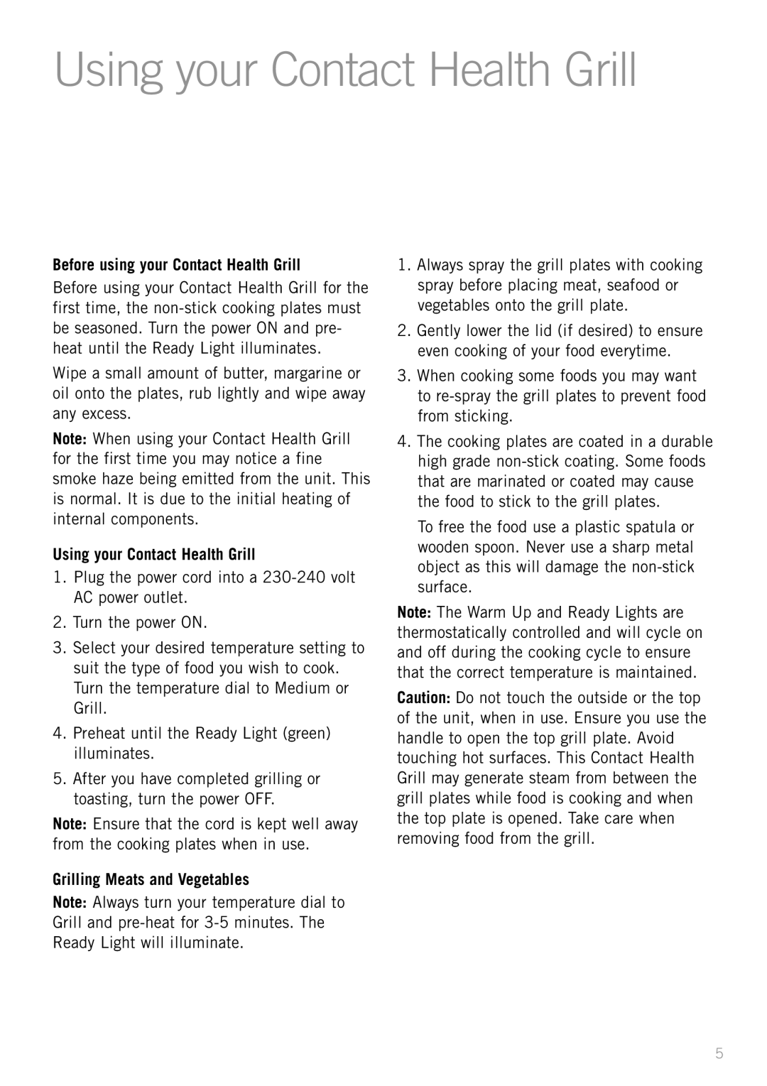 Sunbeam GC4600 Using your Contact Health Grill, Before using your Contact Health Grill, Grilling Meats and Vegetables 