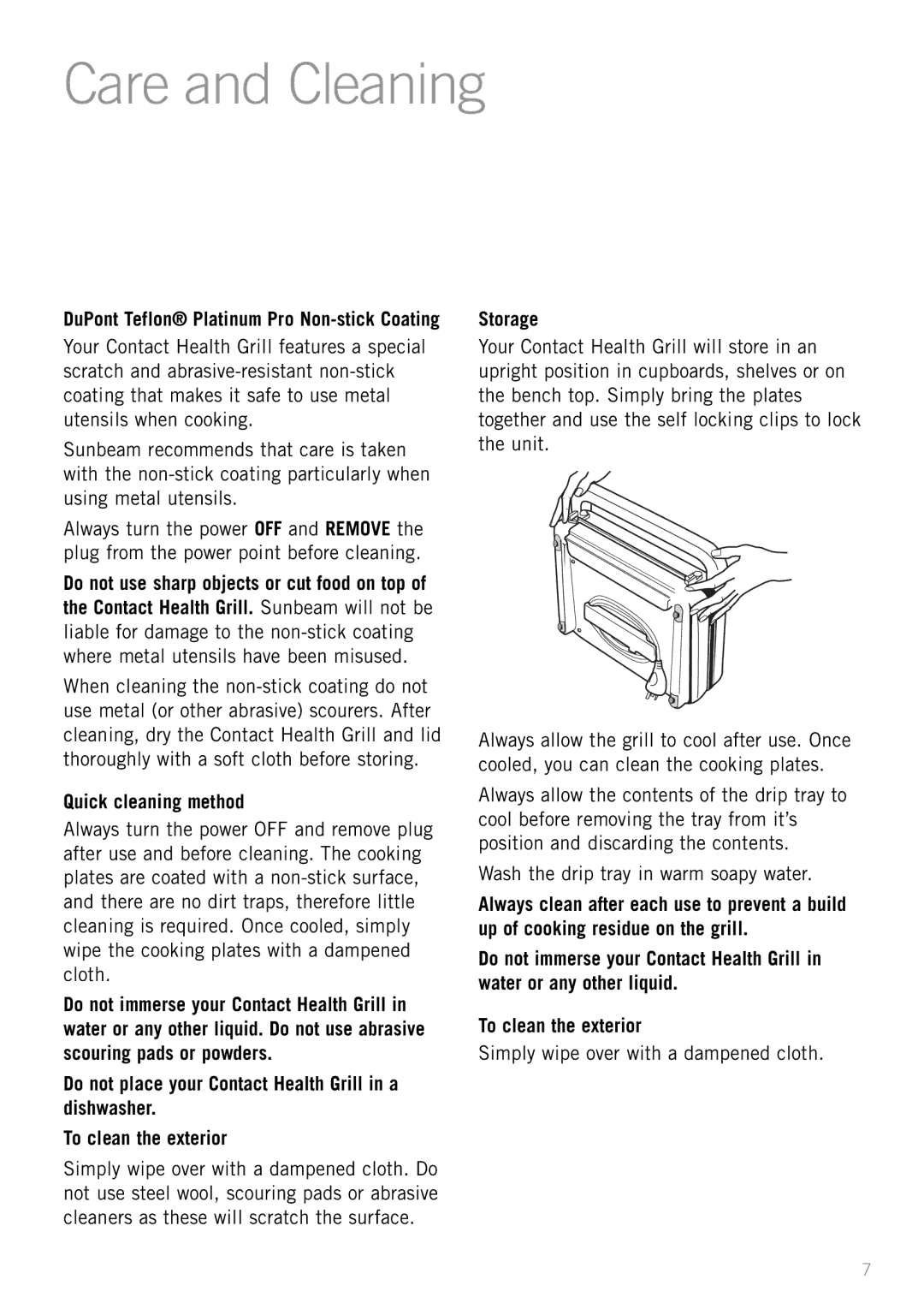 Sunbeam GC4600 manual Care and Cleaning, Quick cleaning method, Storage 