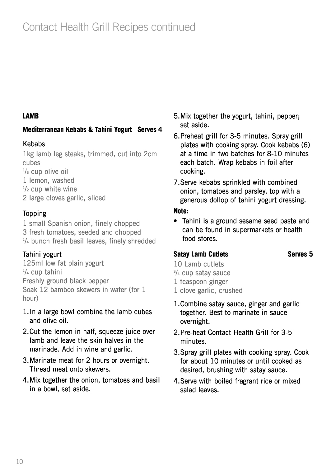 Sunbeam GC4600 manual Satay Lamb Cutlets, Contact Health Grill Recipes continued 