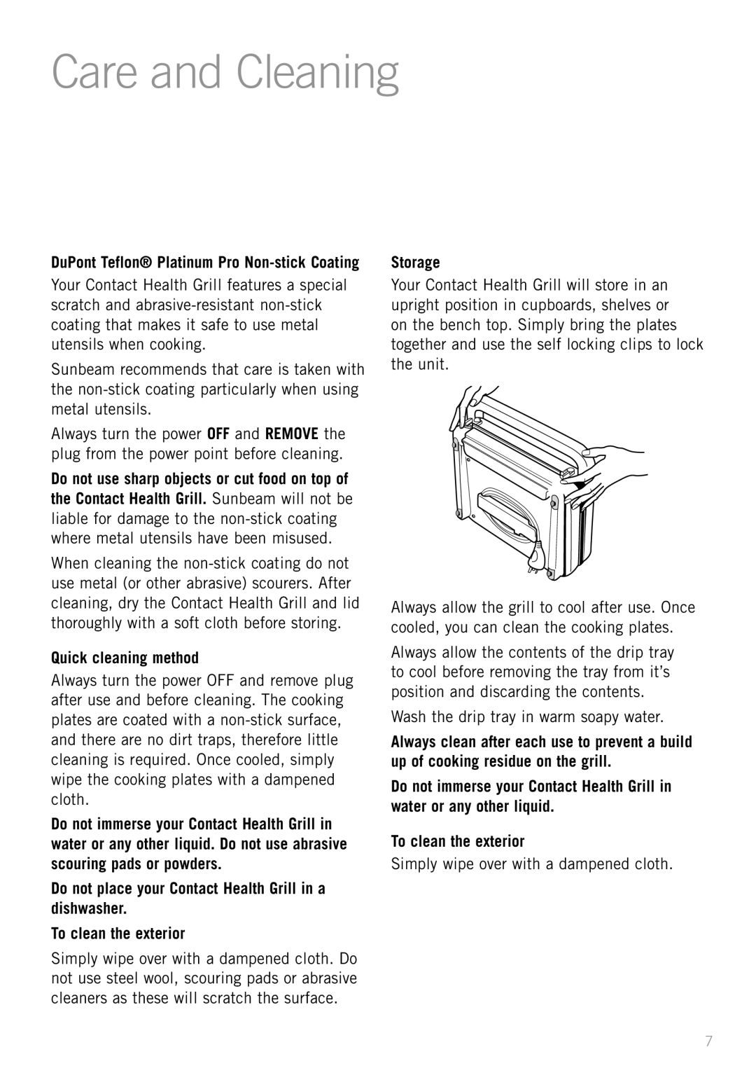 Sunbeam GC4610 manual Care and Cleaning, Quick cleaning method, Storage 