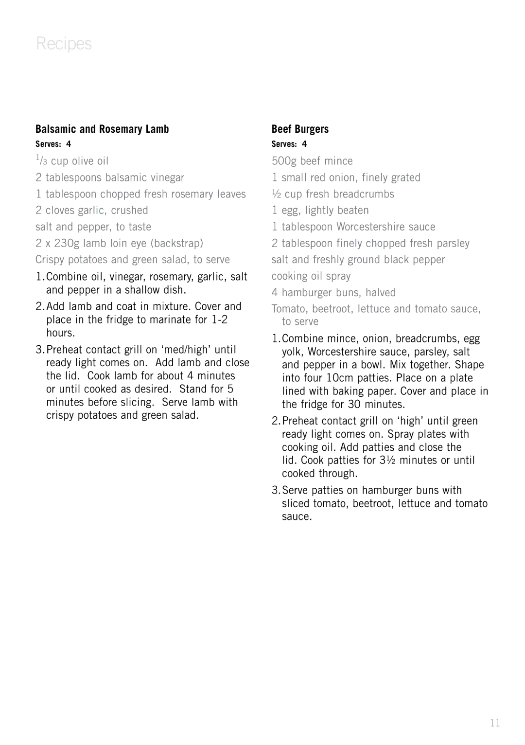 Sunbeam GC7200/B specifications Balsamic and Rosemary Lamb, Beef Burgers 