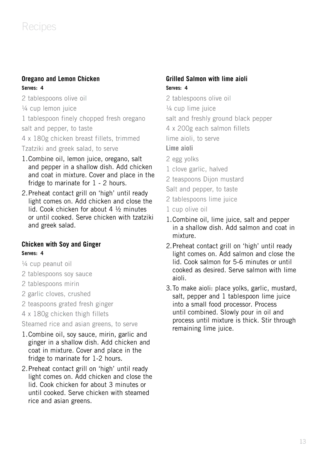 Sunbeam GC7200/B specifications Oregano and Lemon Chicken, Chicken with Soy and Ginger, Grilled Salmon with lime aioli 