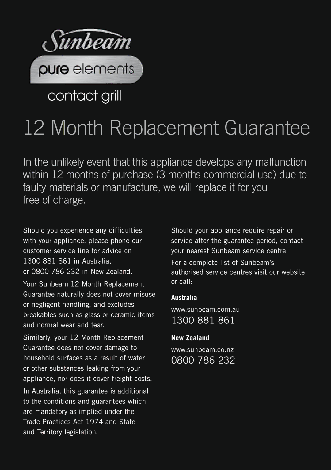 Sunbeam GC7200/B specifications Month Replacement Guarantee, Free of charge 