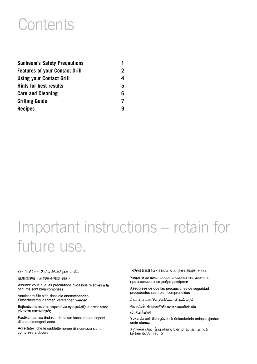 Sunbeam GC7200/B specifications Contents, Important instructions retain for future use 