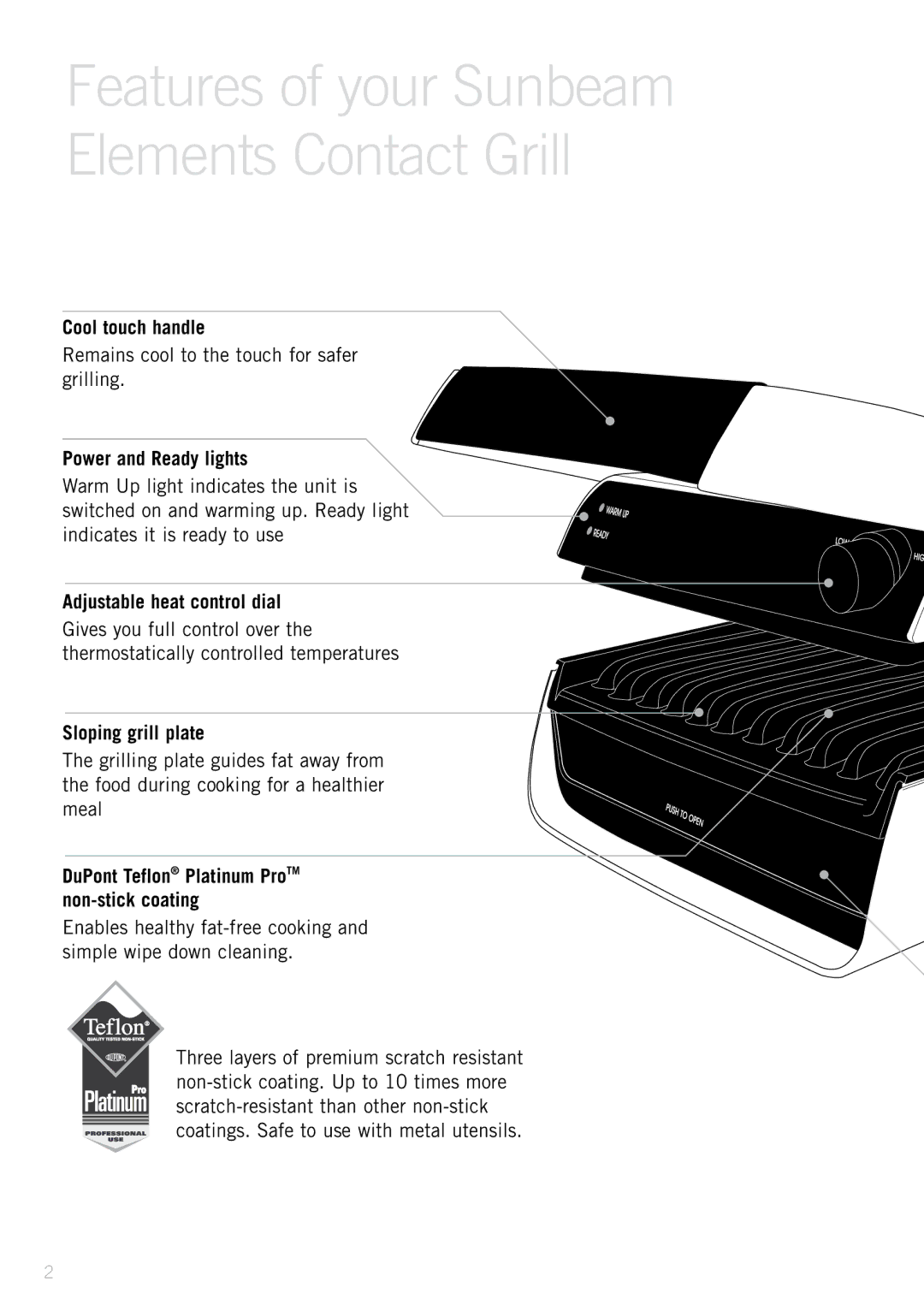 Sunbeam GC7200/B Cool touch handle, Power and Ready lights, Adjustable heat control dial, Sloping grill plate 