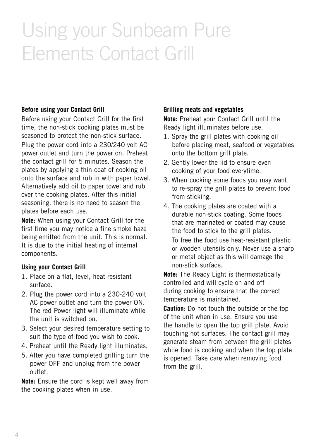 Sunbeam GC7200/B specifications Before using your Contact Grill, Grilling meats and vegetables 