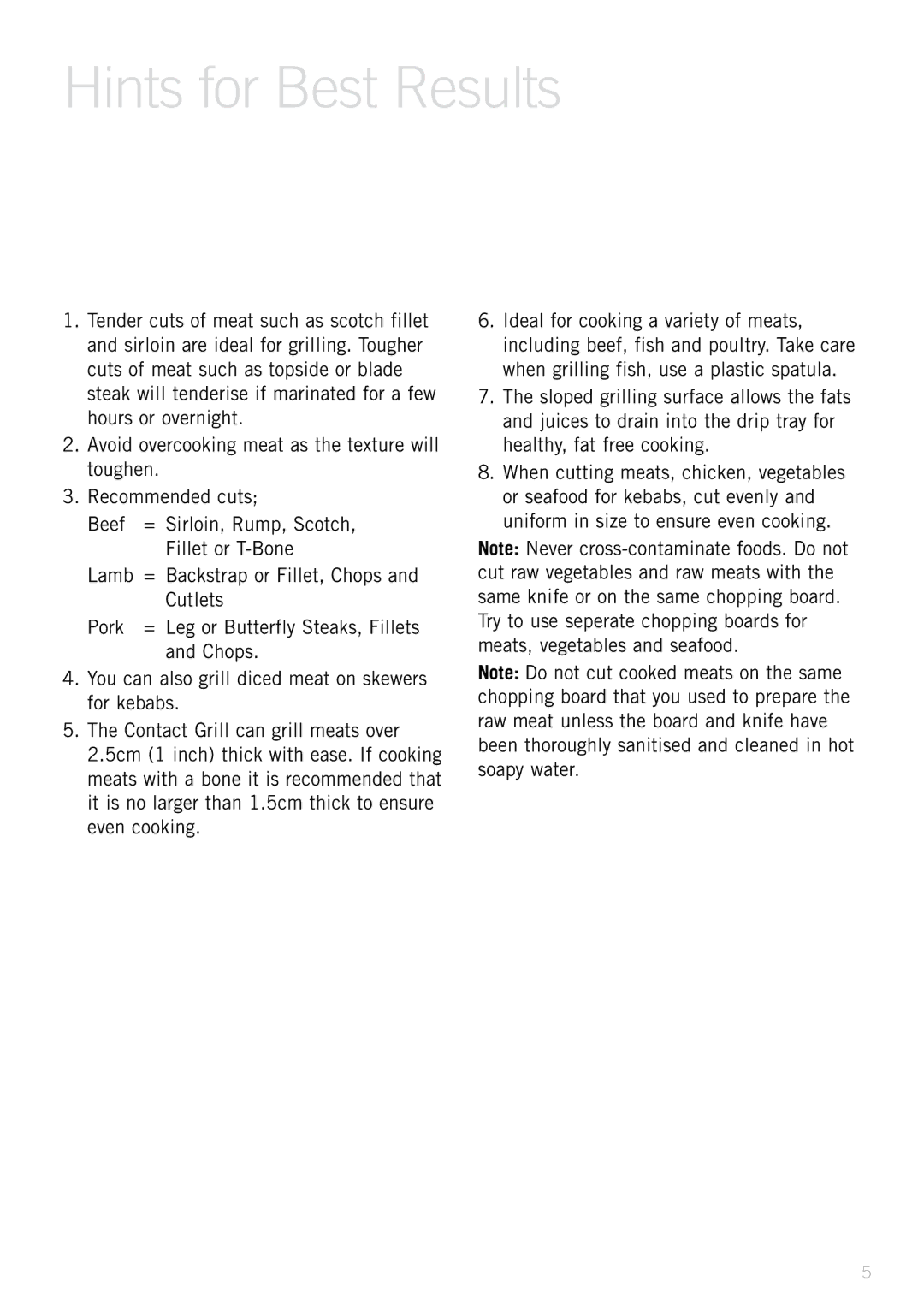 Sunbeam GC7200/B specifications Hints for Best Results 