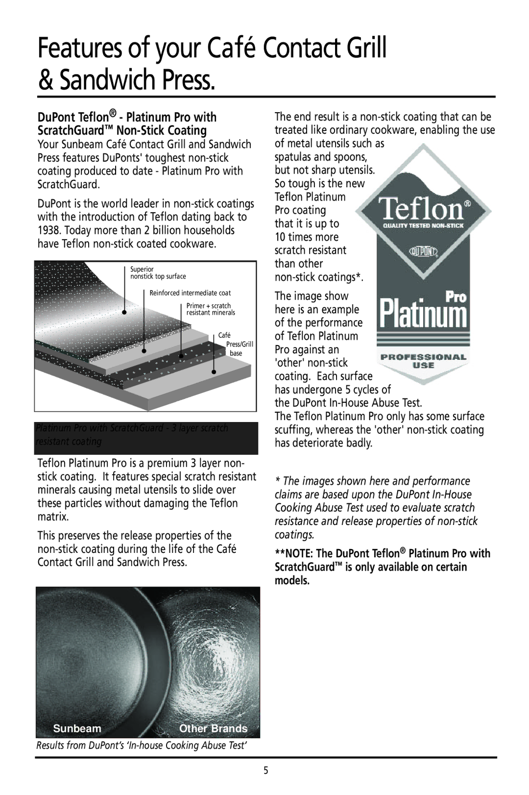 Sunbeam GC7800 manual Has undergone 5 cycles DuPont In-House Abuse Test 