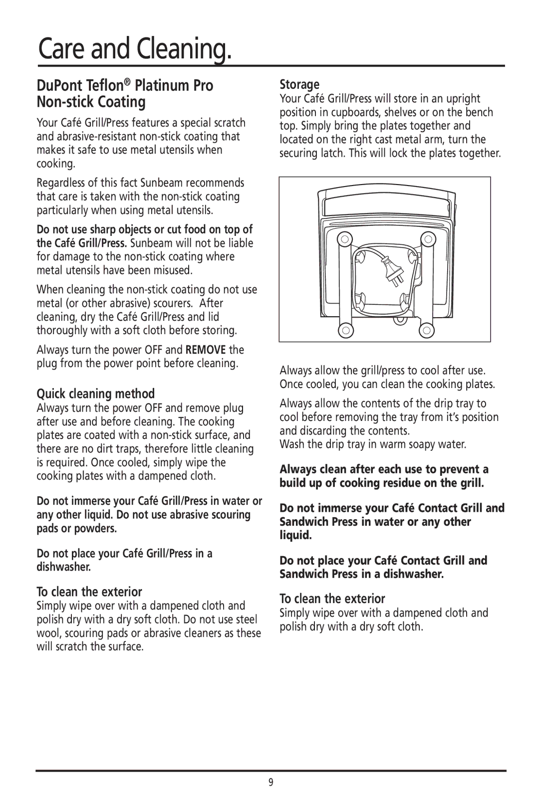 Sunbeam GC7800 manual Care and Cleaning, Wash the drip tray in warm soapy water 