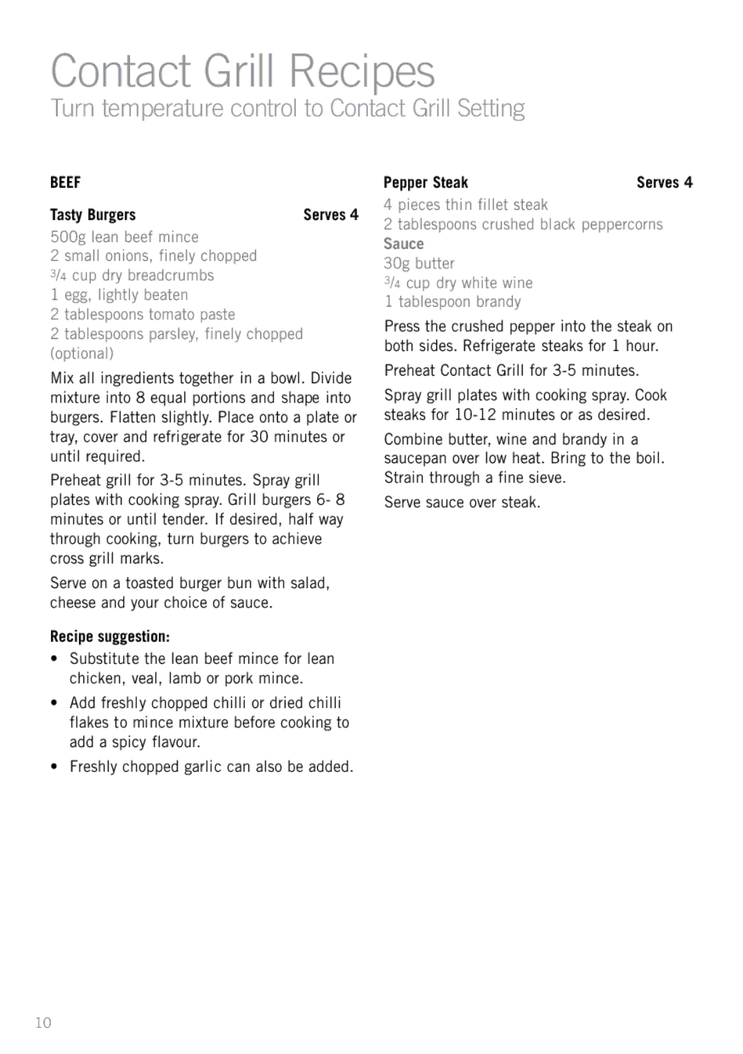 Sunbeam GC7850B manual Contact Grill Recipes, Turn temperature control to Contact Grill Setting, Beef 