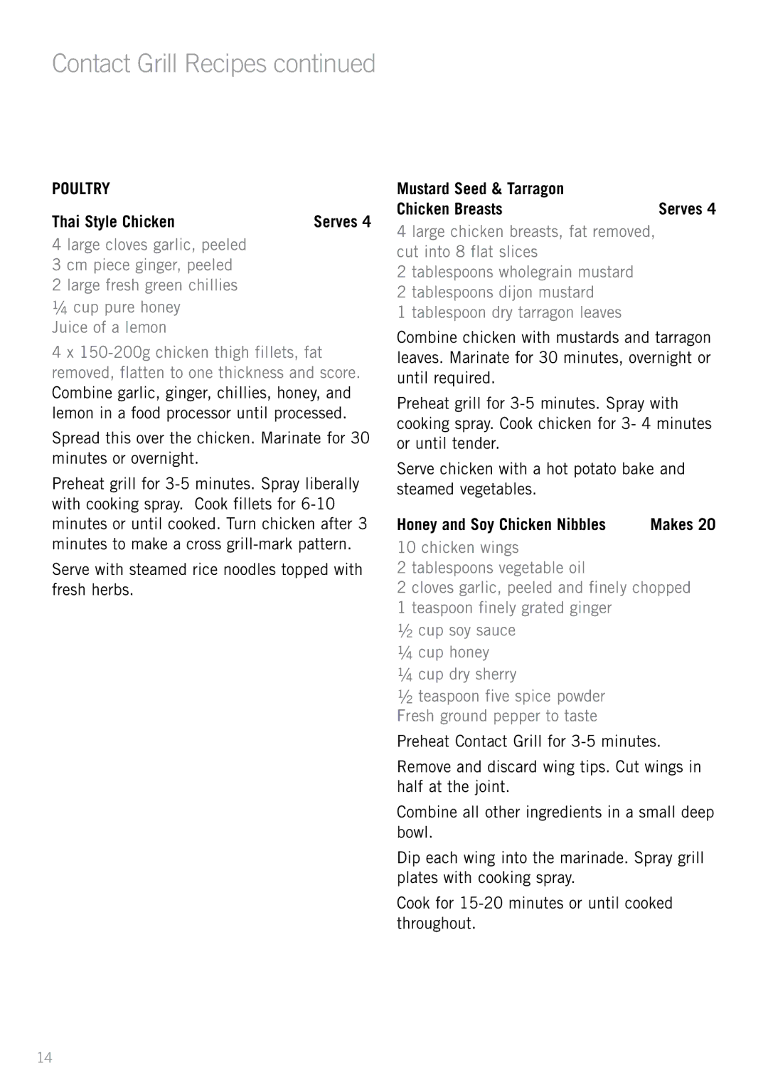 Sunbeam GC7850B manual Poultry Thai Style Chicken, Mustard Seed & Tarragon Chicken Breasts, Honey and Soy Chicken Nibbles 