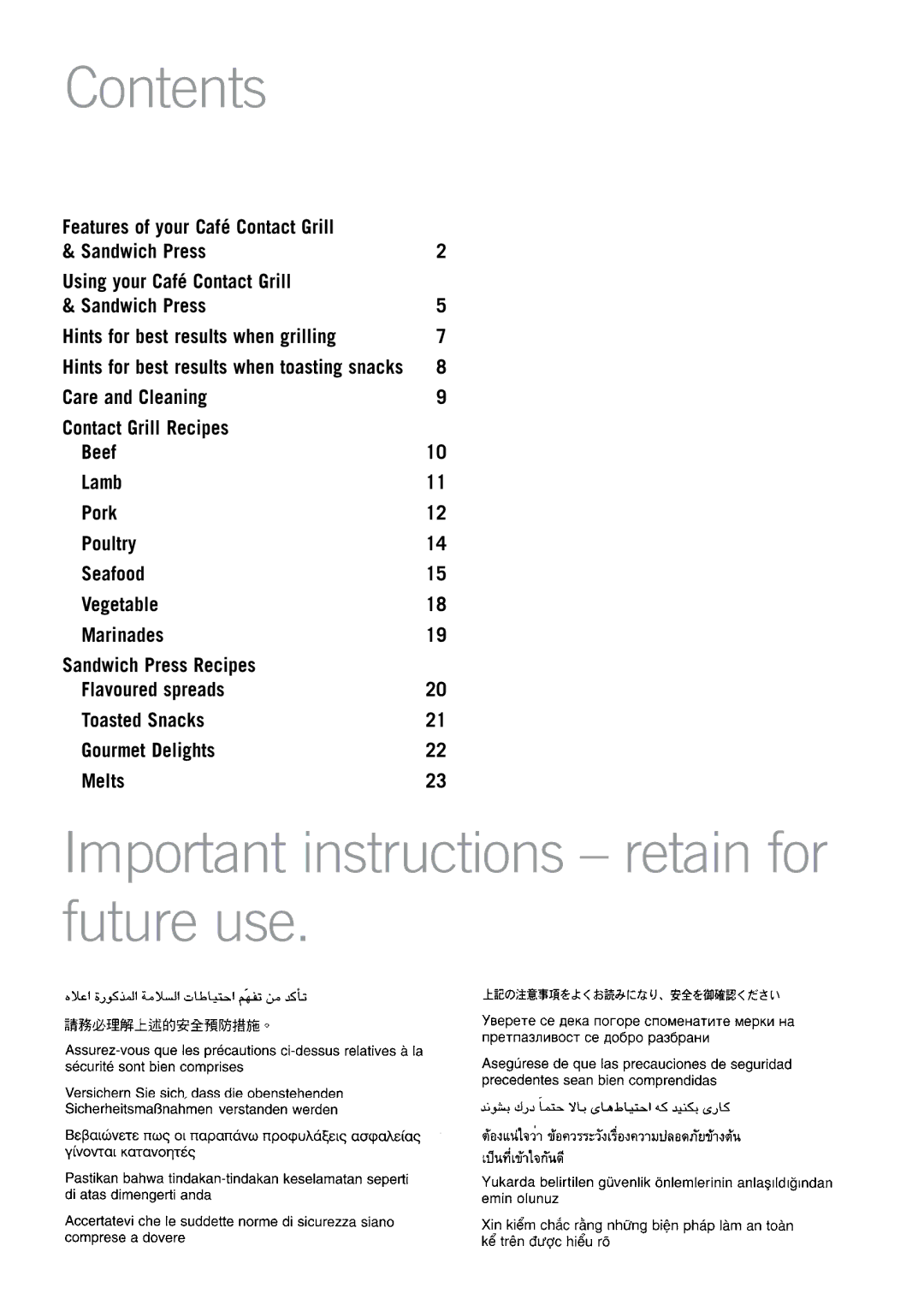 Sunbeam GC7850B manual Contents, Important instructions retain for future use 