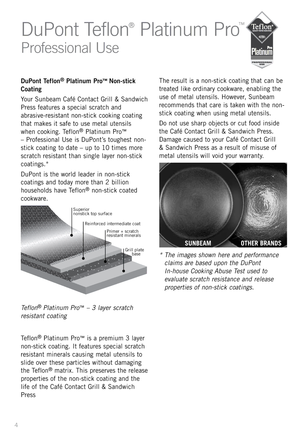 Sunbeam GC7850B manual DuPont Teflon Platinum Pro Non-stick Coating 