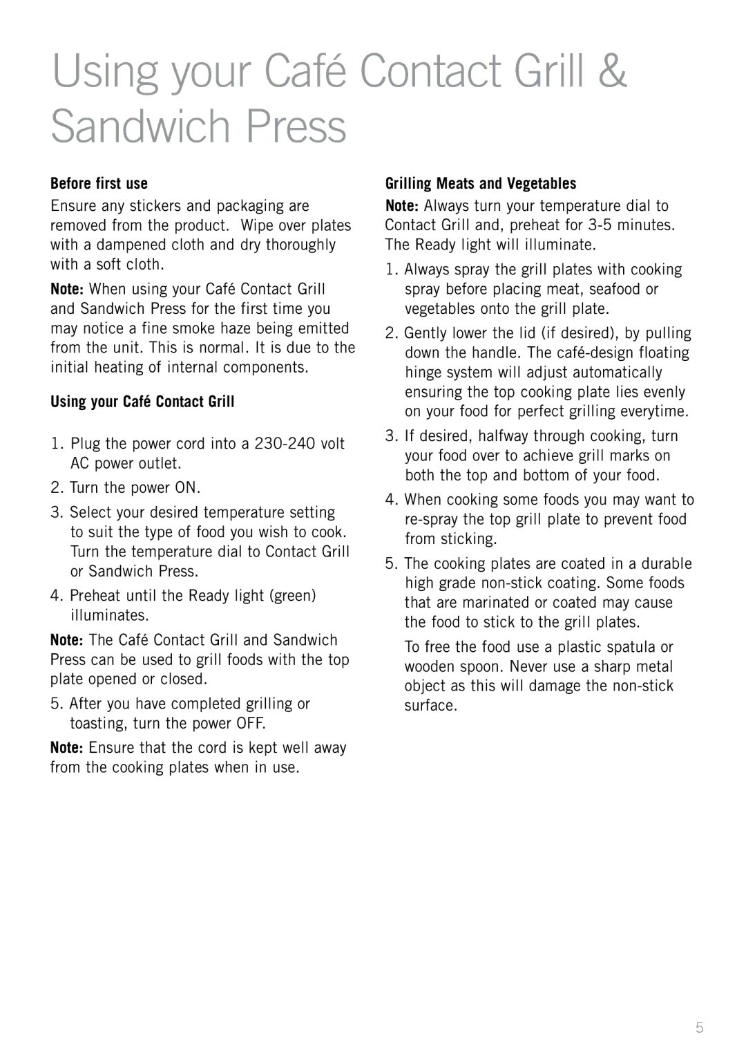 Sunbeam GC7850B manual Using your Café Contact Grill & Sandwich Press, Before first use, Grilling Meats and Vegetables 