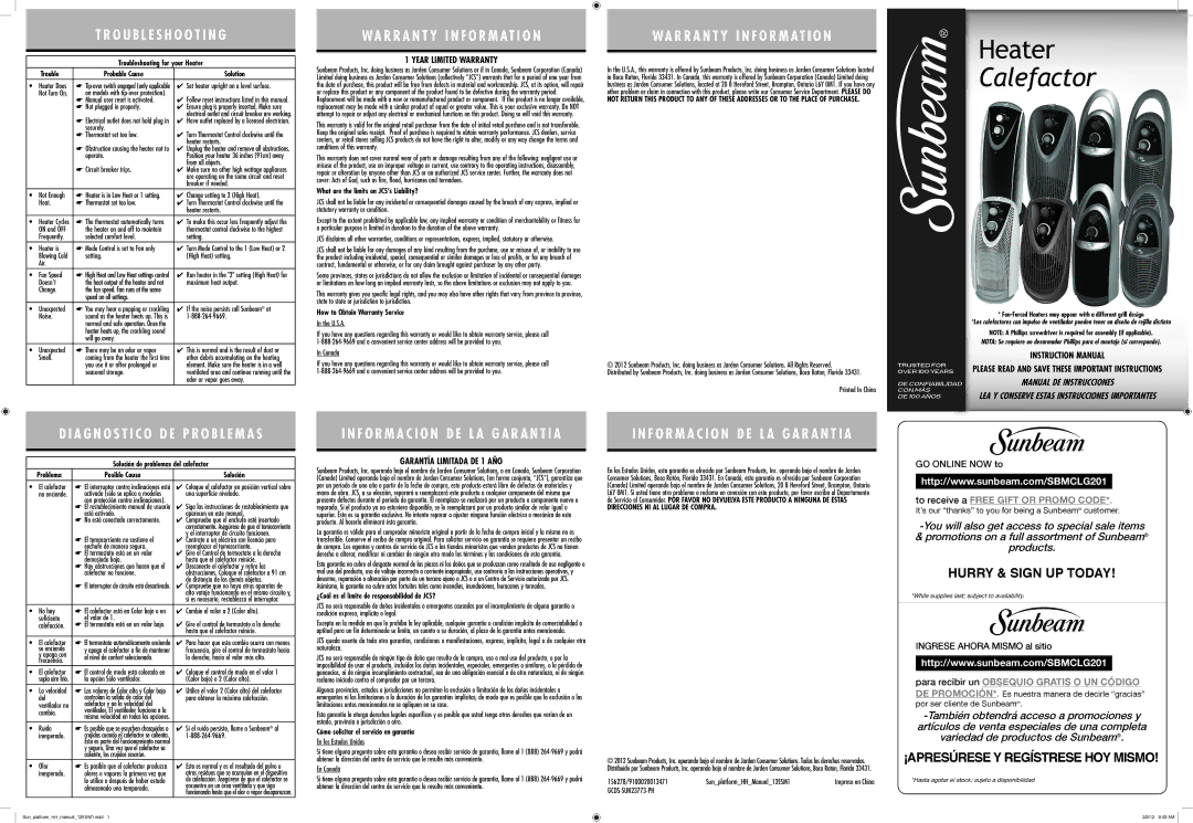 Sunbeam GCDS-SUN23773-PH warranty Year Limited Warranty, Garantía Limitada DE 1 AÑO 