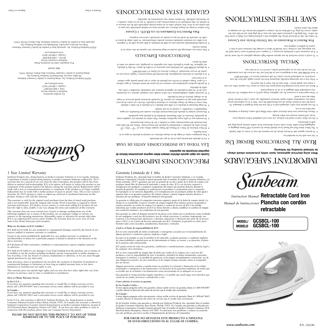 Sunbeam GCSBCL-100 instruction manual What are the limits on JCS’s Liability?, How to Obtain Warranty Service U.S.A 