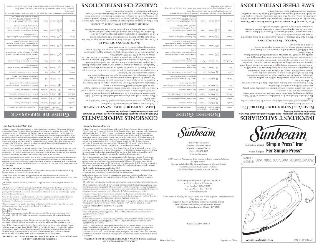 Sunbeam 3057, 3056 instruction manual What are the limits on JCSs Liability?, How to Obtain Warranty Service U.S.A, Canada 