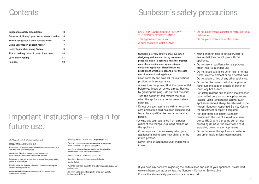 Sunbeam GL5400 manual Contents, Important instructions retain for future use 