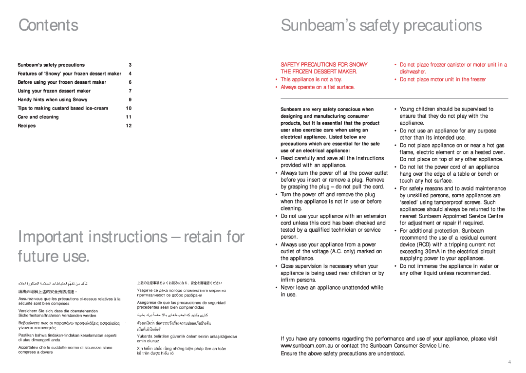 Sunbeam GL5400 Contents, Important instructions - retain for future use, Sunbeams safety precautions, Care and cleaning 